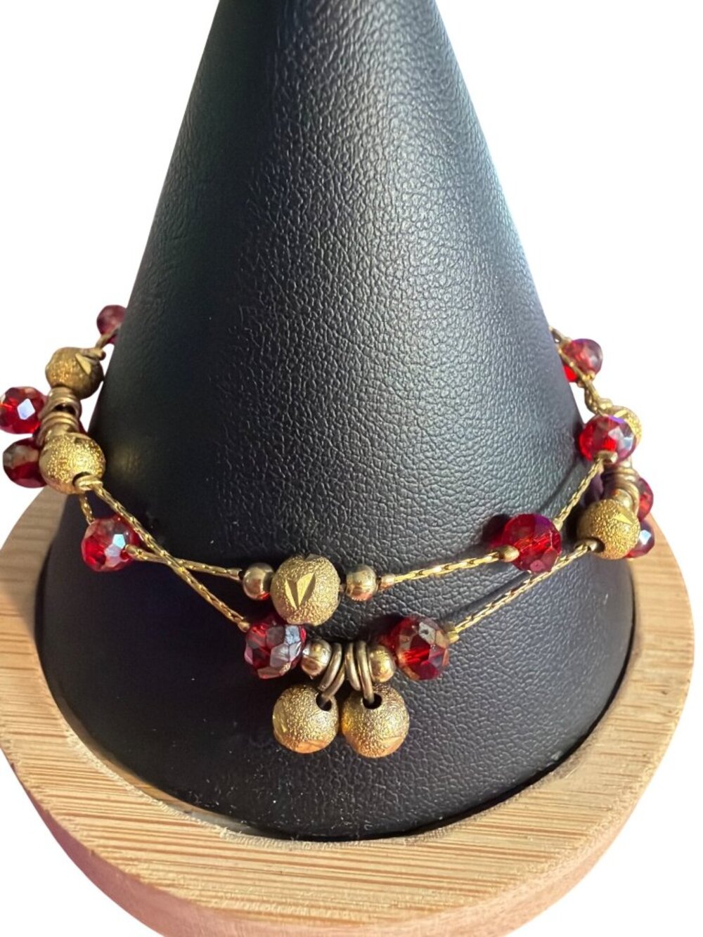Vintage Gold Tone Red Glass Bead Bracelet Double Strand Bali Estate 6.75"